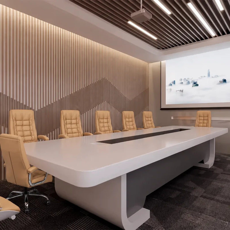 Nexum sleek white conference table with orange chairs in a slatted-wall meeting room with a screen