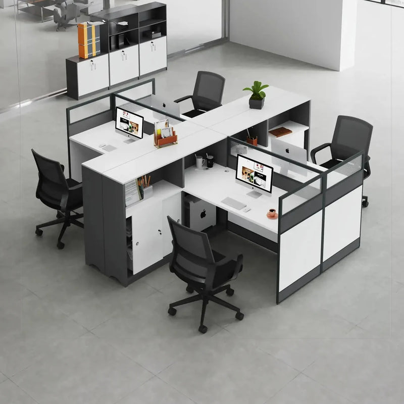 Norven L-shaped cubicle workstations with storage cabinets in a 4-person team cluster, overhead view of an open office