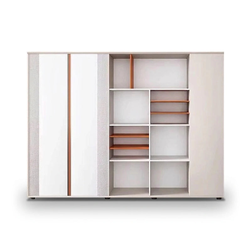 Norbury 7′3″ (87-inch) white office shelves, open cubbies with orange accent shelves between two tall closet doors