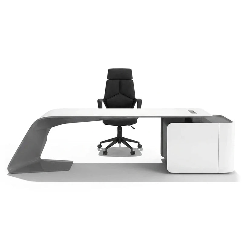 Gödel white desk with cantilevered wing top and cube return