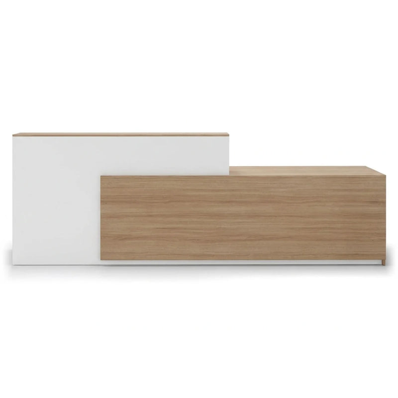 Lavien reception desk in chalk white with a white counter block, studio view