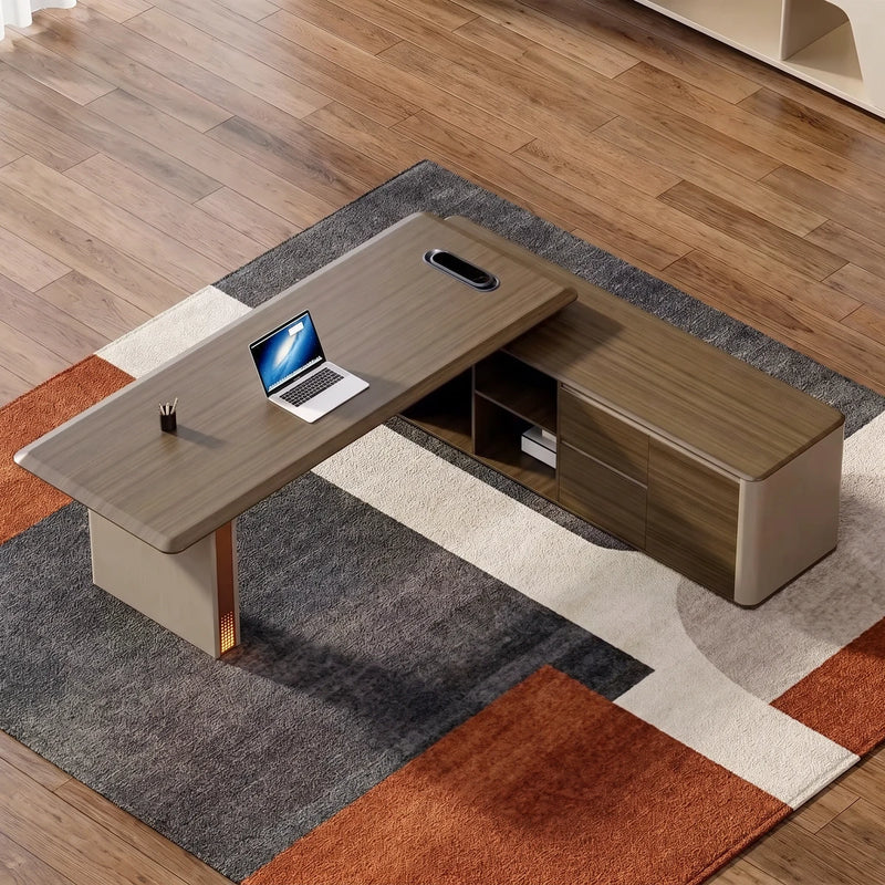 Oxley desk from above on a hardwood floor and abstract rug