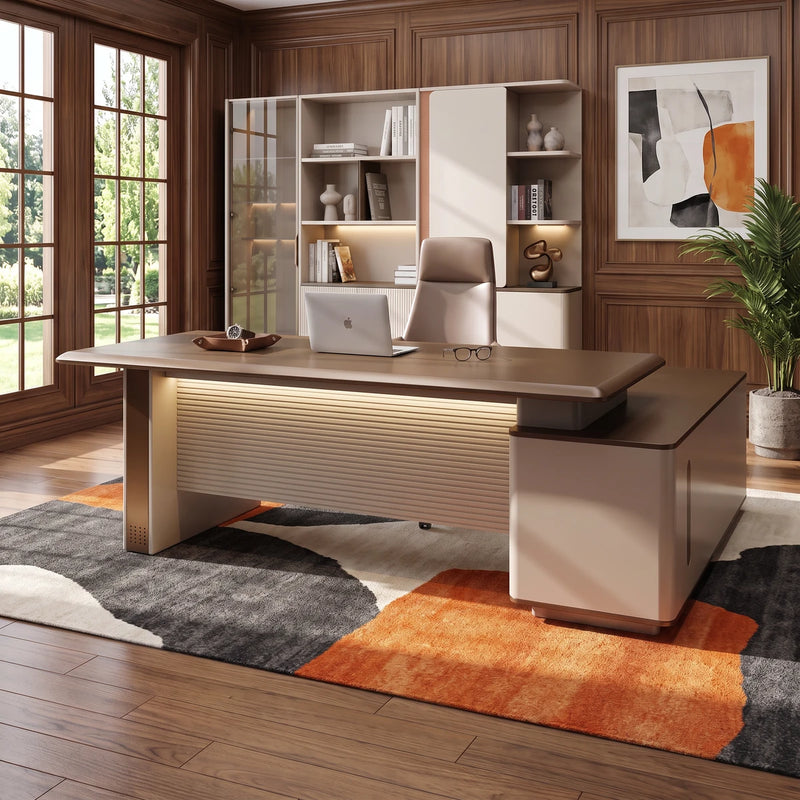 Oxley desk with its lit fluted front in a walnut-paneled office