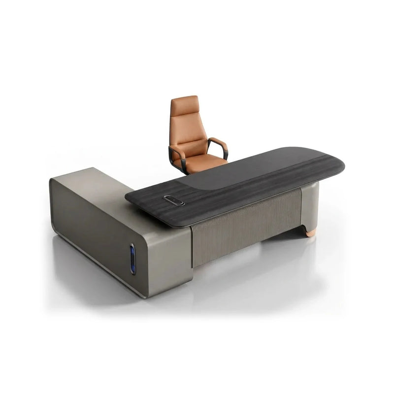 Ordin executive desk with dark striped top and taupe leather pedestals
