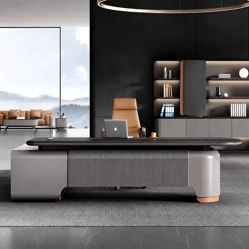 Ordin desk front-on, fluted taupe pedestal and copper feet