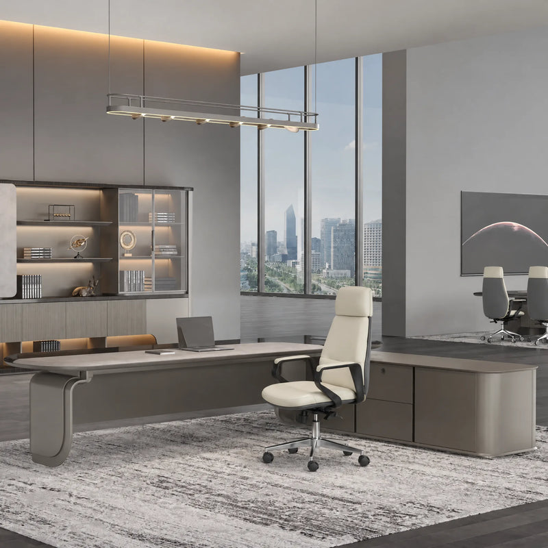 Orvane desk, city corner office, cream leather chair