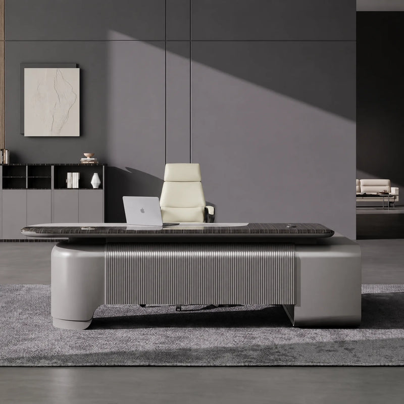 Orvane desk from above in a gray suite, ports open