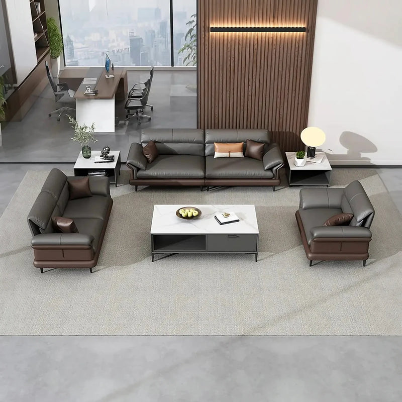 Dellen black leather conversation set in a lounge with slatted wood walls and a city window, overhead view