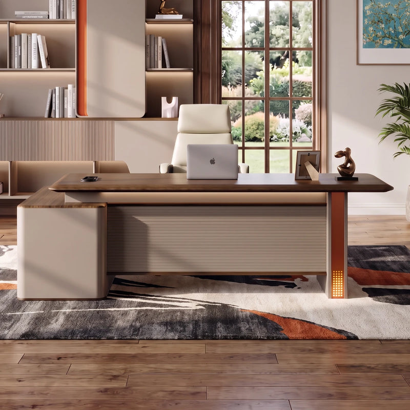 Oxley desk in a walnut-paneled partner's office with garden windows