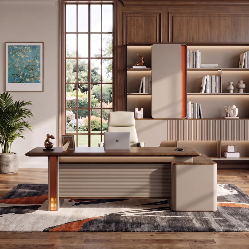 Oxley desk, other return, in a walnut-paneled office