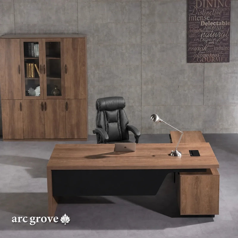 Pascal desk, left return, silver task lamp on top