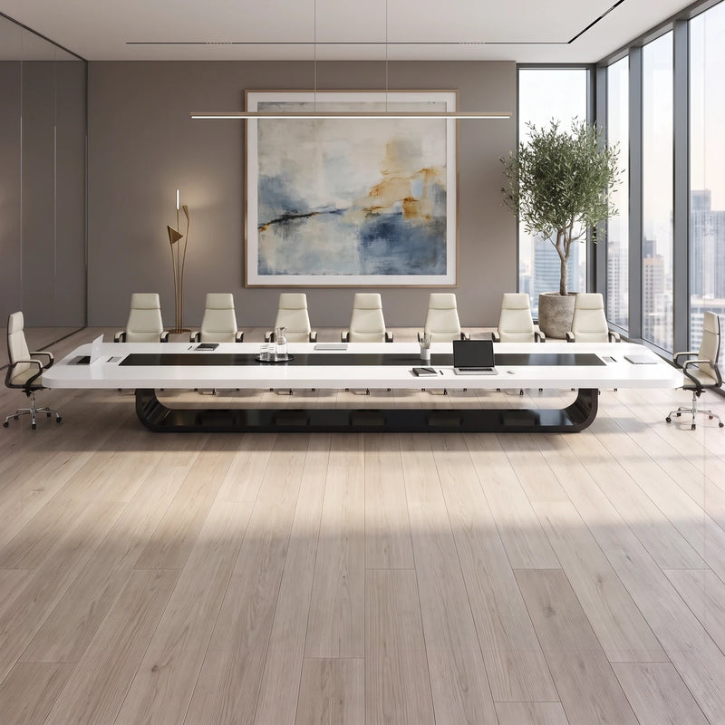 Paxum white conference table seating 12 in white chairs, viewed from the head with a round city window