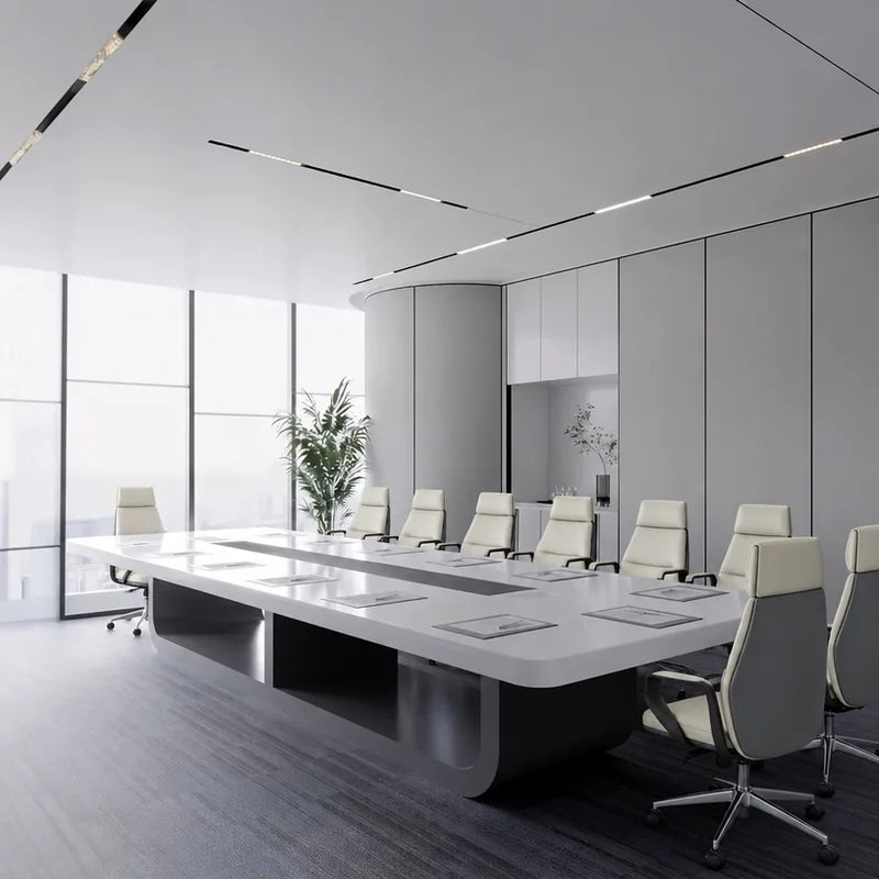 Paxum white conference table with cream and gray chairs in a gray minimalist room with linear lights