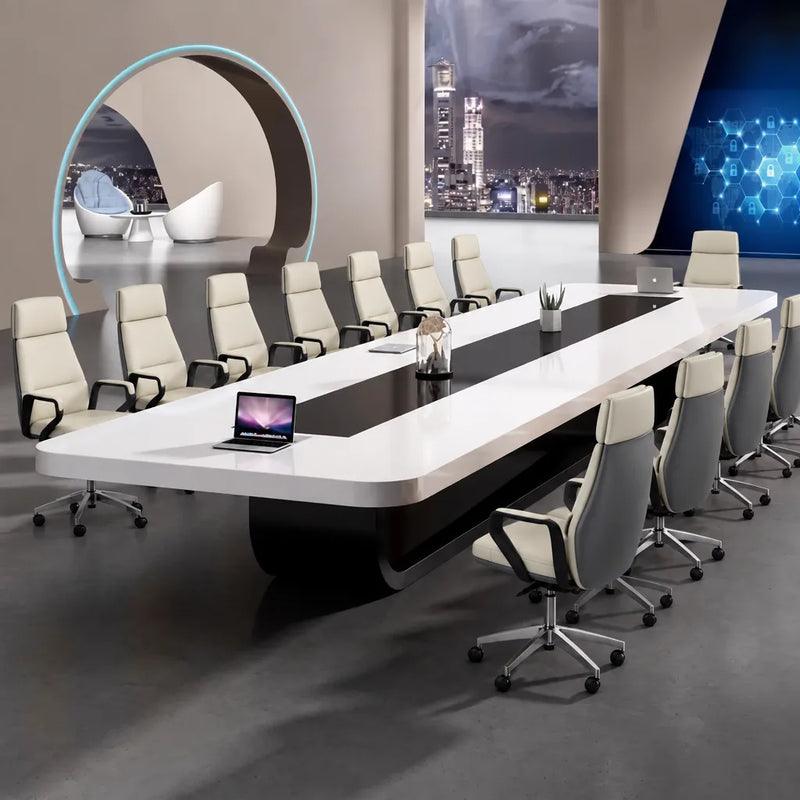 Paxum white boardroom table with cream leather chairs, laptop and pen cup, angled view