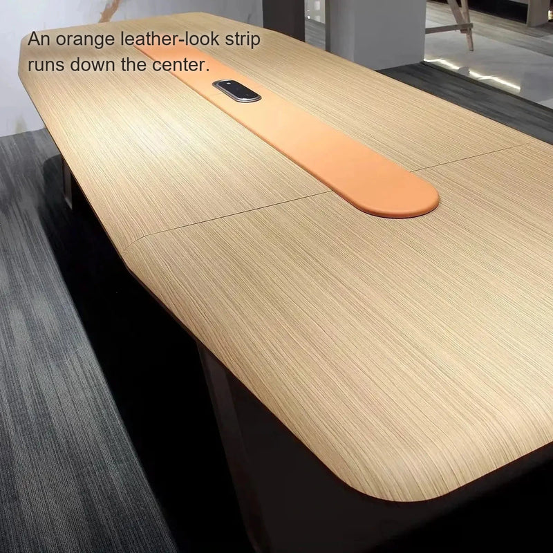 Close-up of the Unity brown oak top and orange center strip with a pop-up charging module