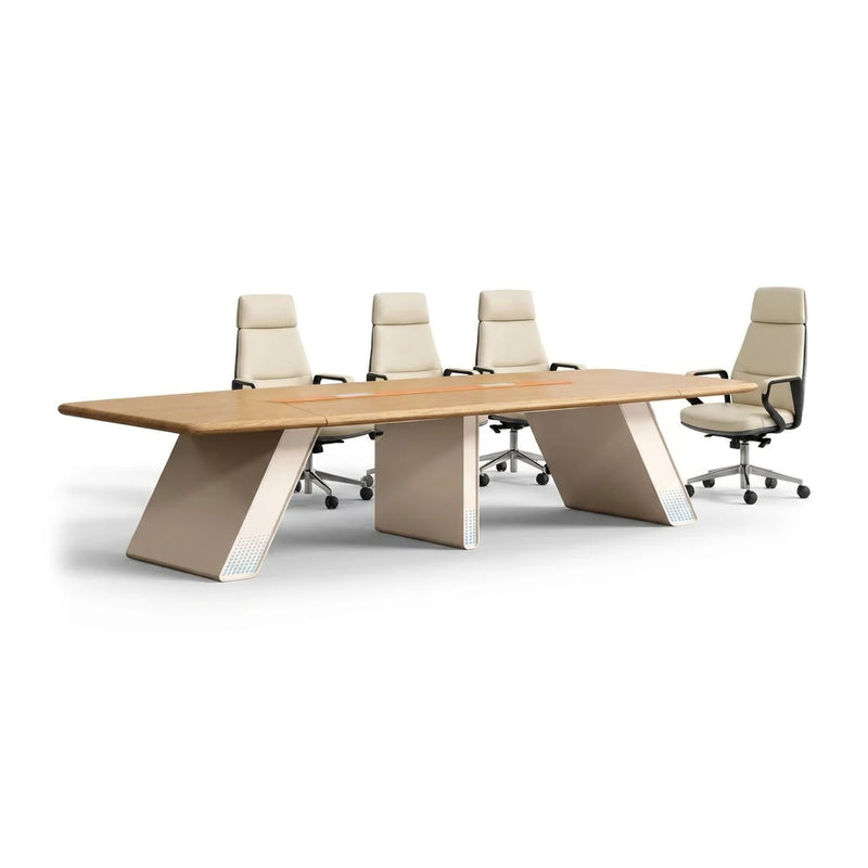 Unity modern conference table in brown oak with an orange leather-look center strip on angled legs, 10′6″ or 15′9″ (126 or 189-inch) length