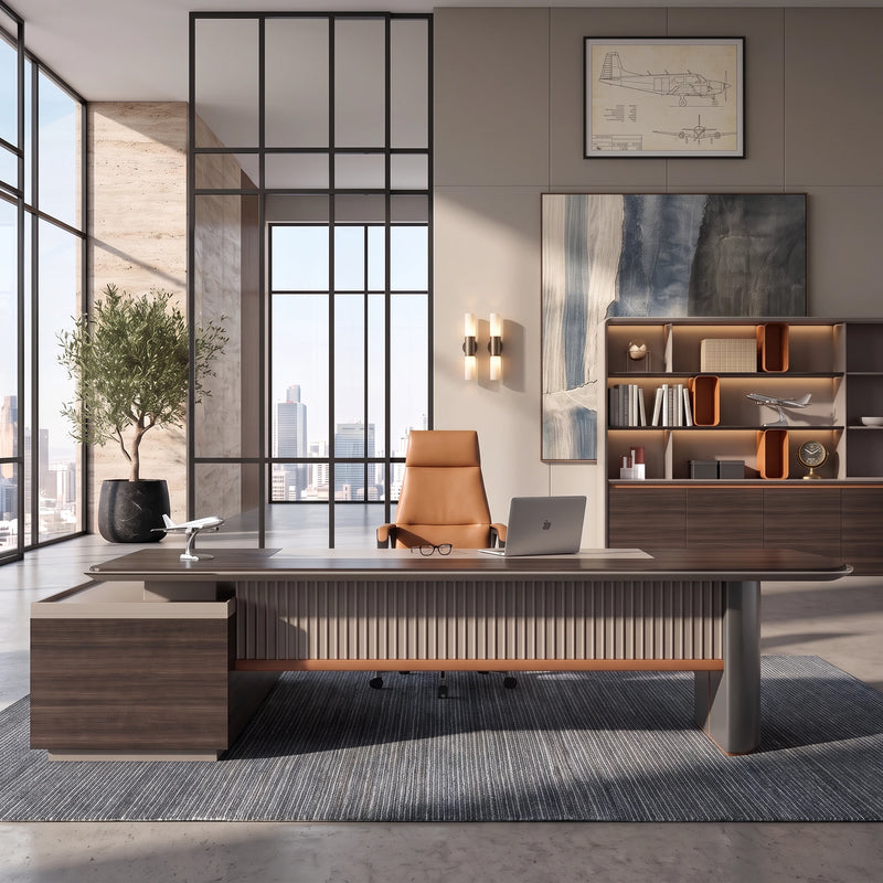 Pendrith desk, right return, curved cream wall behind