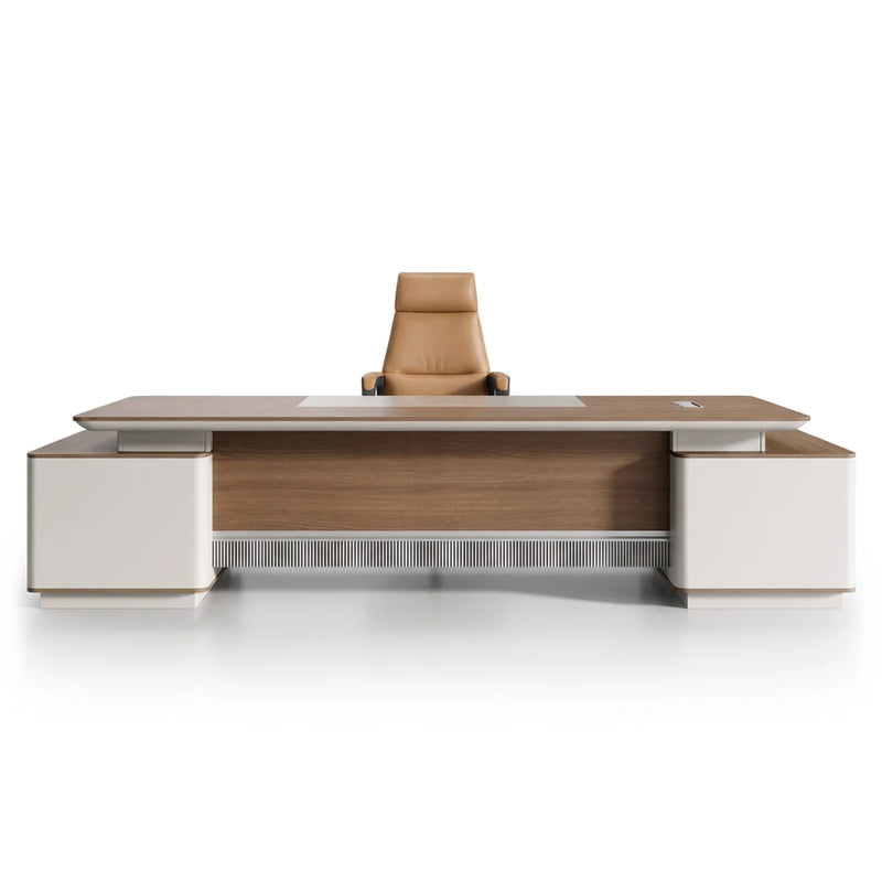 Elston executive desk in golden silk ash with cream pedestals and fluted band