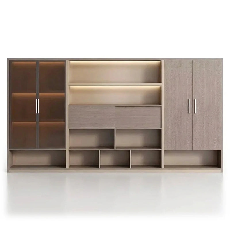Hartwell 10′6″ (126-inch) office wall unit in rose gray oak, smoked glass cabinet, lit center shelves and a tall wardrobe