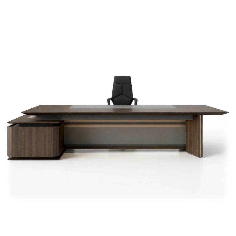 Brontë grand executive desk in brown oak with slab end panels