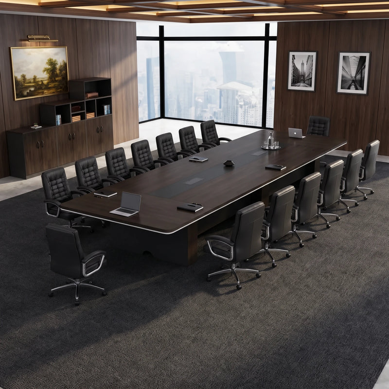 Overhead view of the Prime large conference table with black leather chairs by a city window
