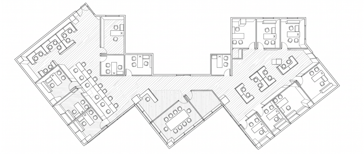 Architectural floor plan of a complete office fit-out with workstations, private offices, and a conference room