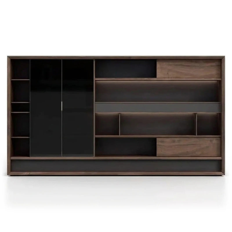 Chesham 12′6″ (150-inch) office library wall unit in walnut, smoked glass double doors beside open shelves and drawers