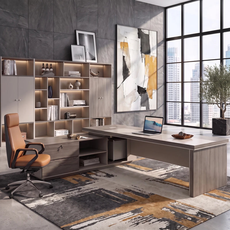 Purdue desk from the user's side in a dark-stone tower office