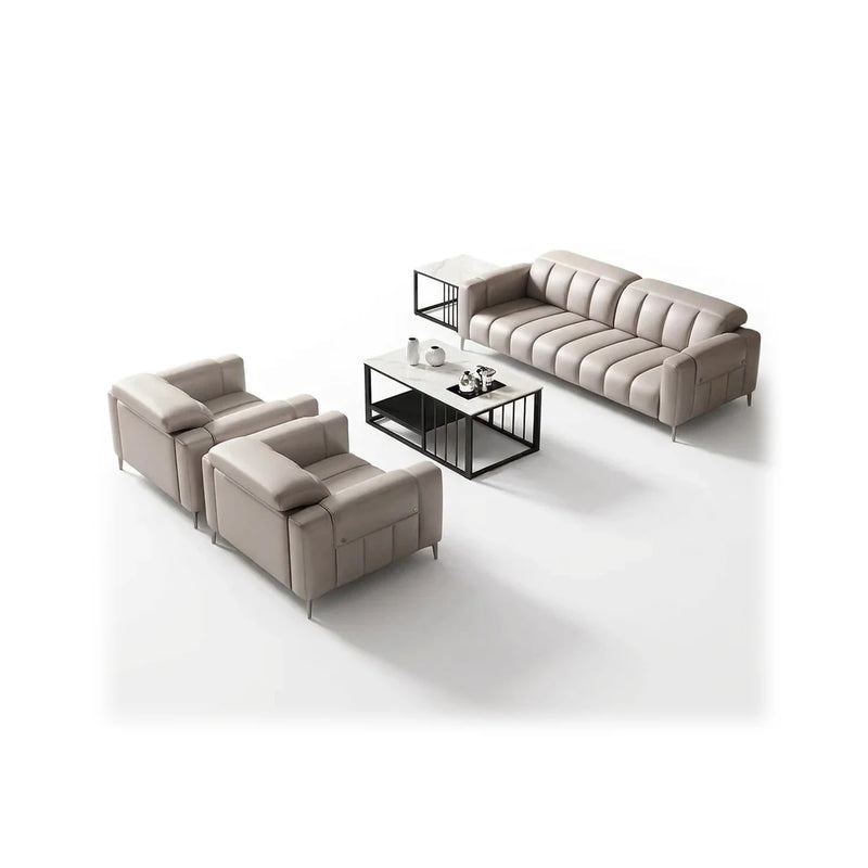 Umeå modern office lounge conversation set in beige leather with channel tufting: 3-seater sofa, two arm chairs and a coffee table
