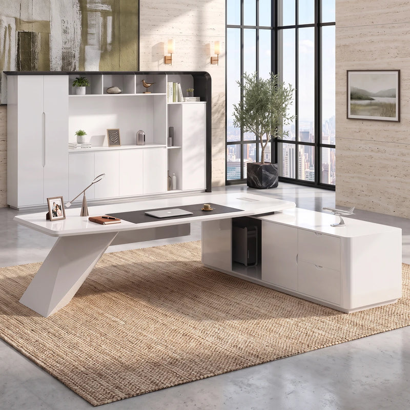Turing desk from the user's side in a travertine tower office