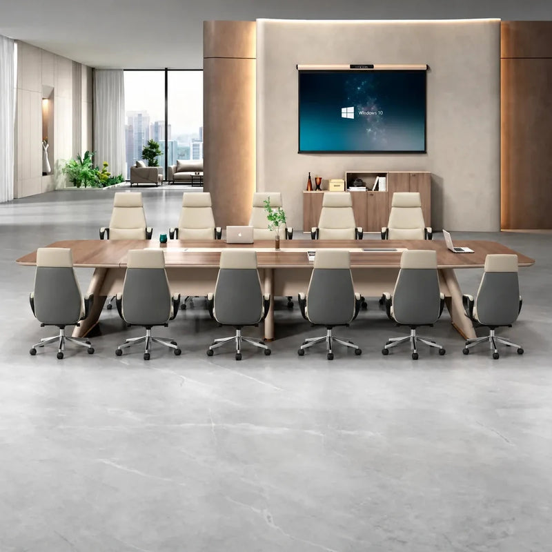 Rally boardroom table, 12′ or a grand 16′5″ (144 or 197 inches), with cream chairs facing a wall-mounted screen