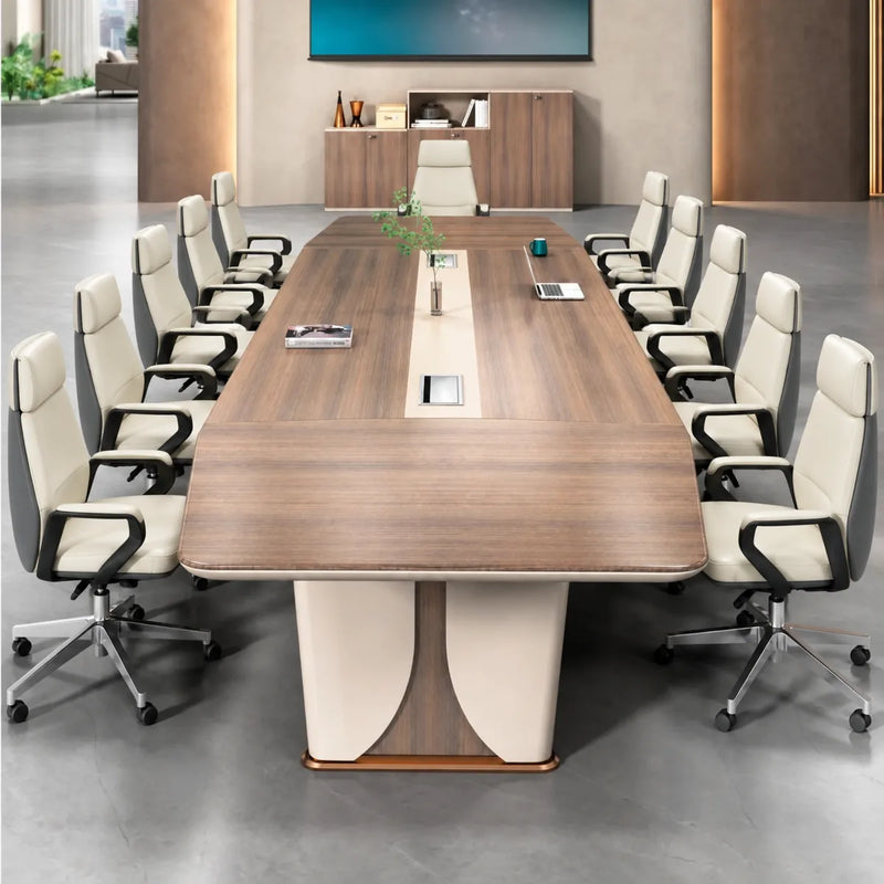 Rally brown oak conference table seating 10 in cream leather chairs, viewed from the head of the table