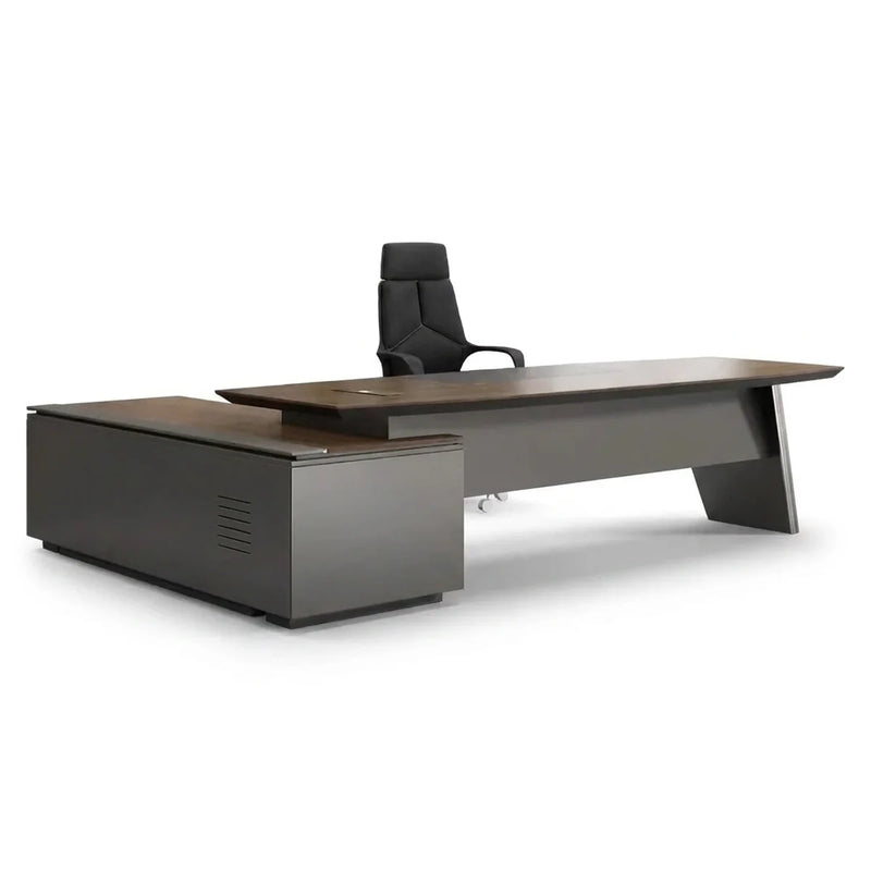 Finley L-shaped desk in walnut and gray with blade leg