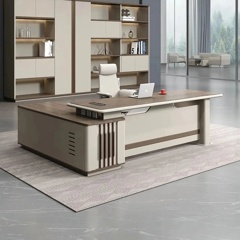 Pembry CEO desk, right return, cream office with shelf wall