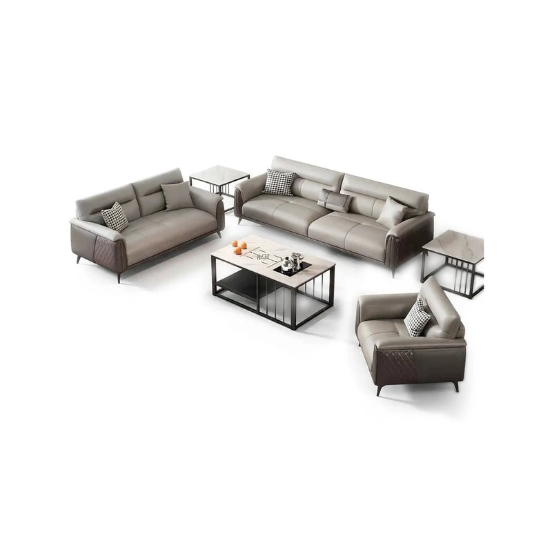 Hållö modern office lounge conversation set in gray and beige leather: 3-seater sofa, 2-seater sofa and arm chair