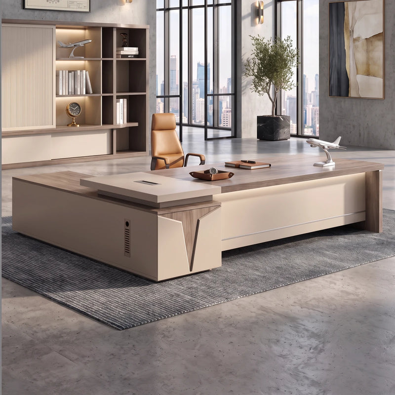 Reytan desk, right return, in a lakeside office with white bloom pendant