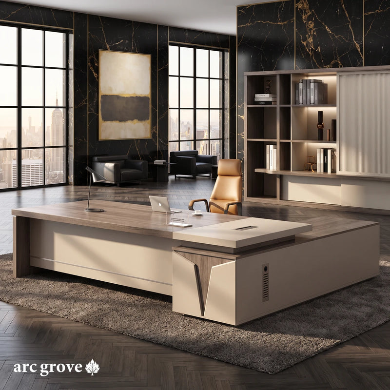 Reytan L-shaped desk, mirrored layout, in a black marble office