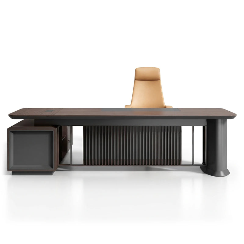 Colmar executive desk in brown oak with black slat base and side cube