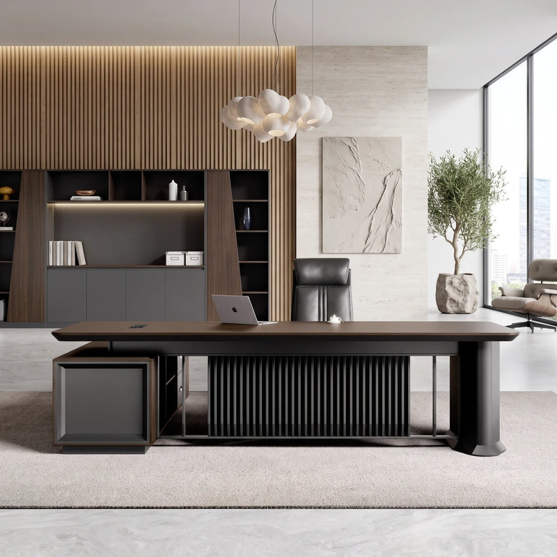 Colmar executive desk in a stone and oak office beside its matching shelving