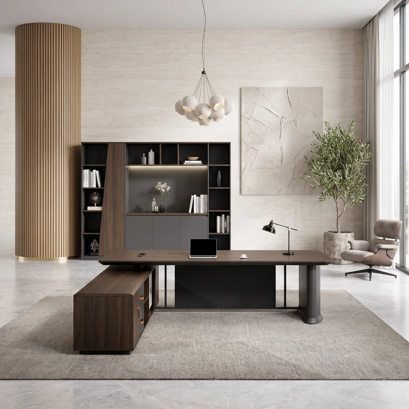 Colmar executive desk in a stone and oak office beside its matching shelving