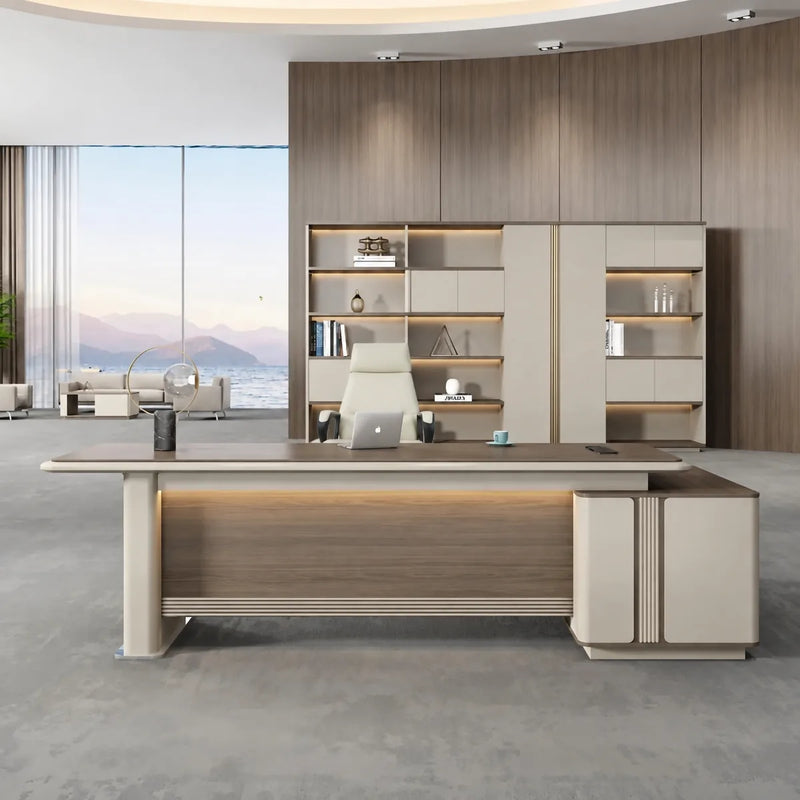 Rigby desk, left return, seaside office with bookcase wall