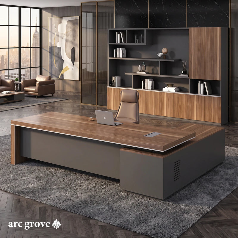 Belford golden walnut executive desk, mirrored layout, in a black marble office
