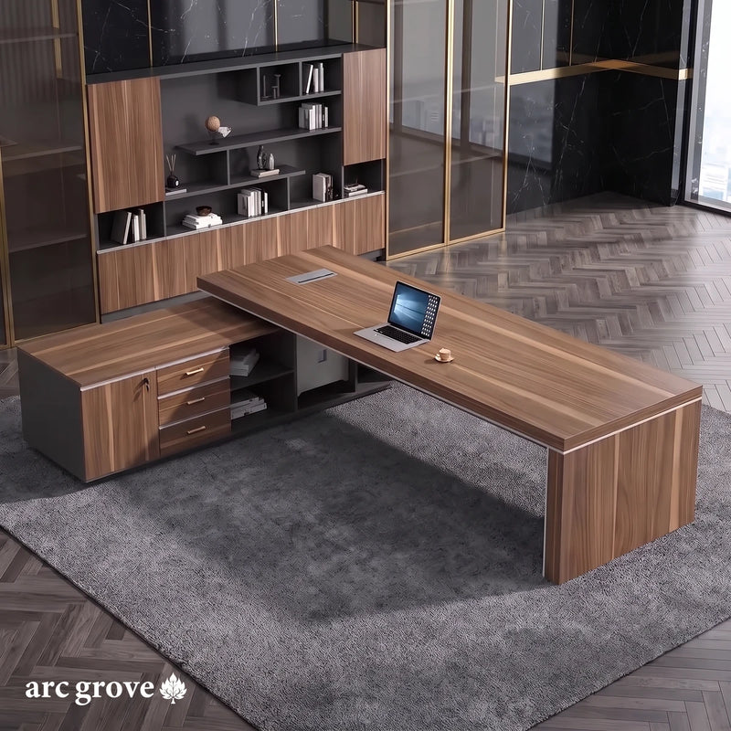 Belford L-shaped desk seen from above, with locking drawers and open shelves in the return