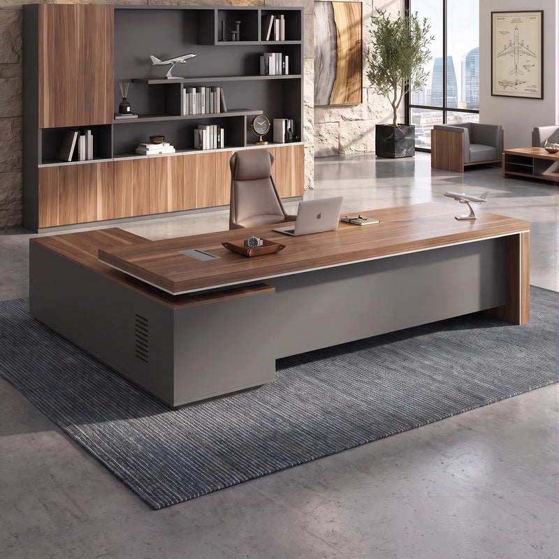 Belford desk in a limestone tower office with a city view