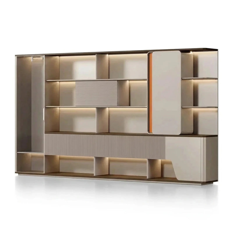 Harbord office wall unit in beige oak, angled view, dark end cabinet, lit open shelves, floating door with orange trim