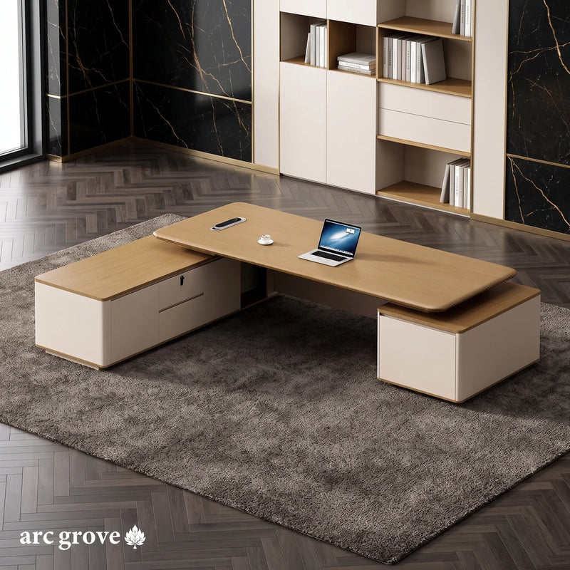 Halsey L-shaped desk, mirrored layout, in a black marble office