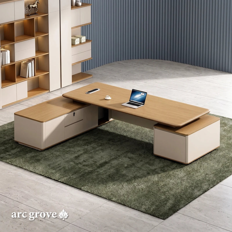 Halsey · Modern L-Shaped Executive Desk, in an office with smoky blue fluted plaster walls