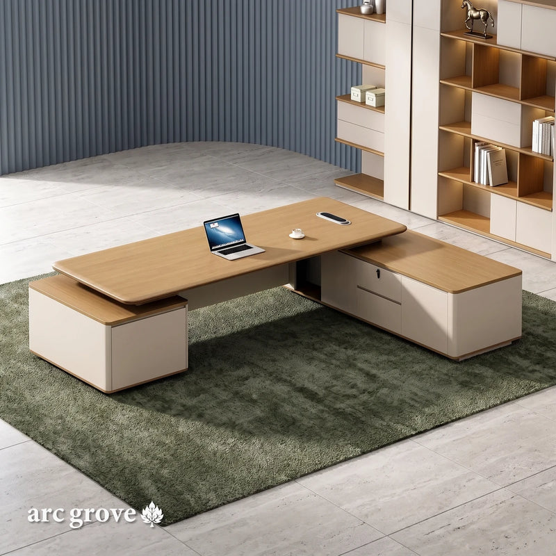 Halsey · Modern L-Shaped Executive Desk, three-quarter view from above, in an office with smoky blue fluted plaster walls