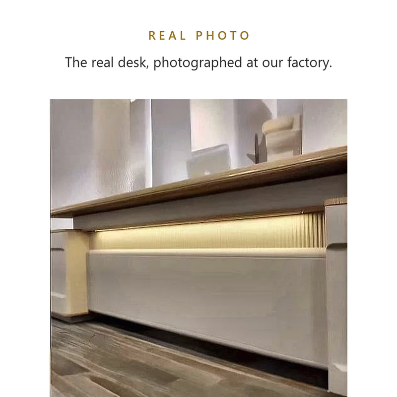 Real photo of the Halsey desk at our factory, with its lit front