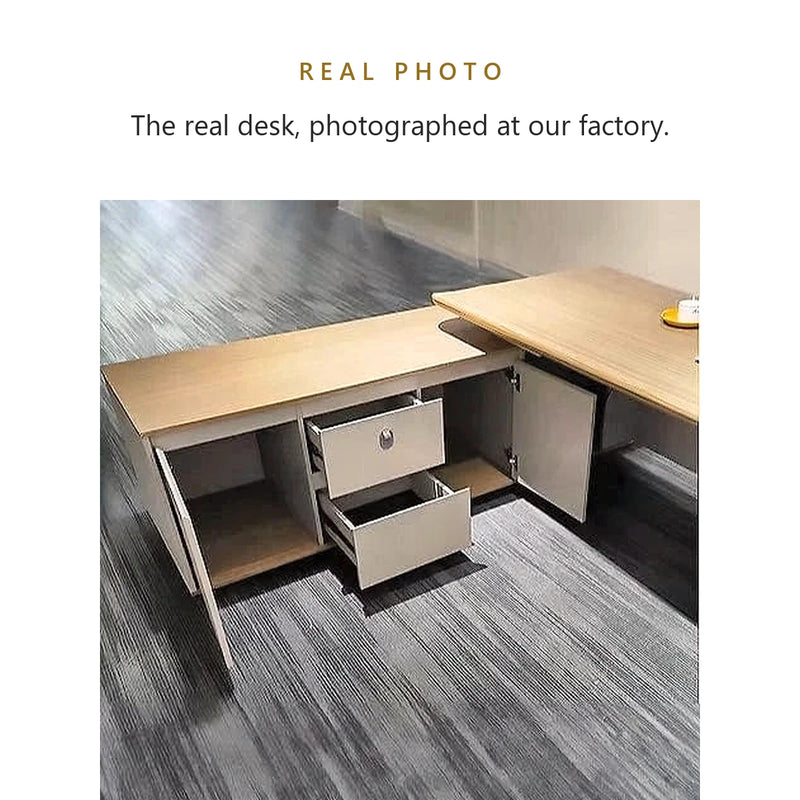 Real photo of the Halsey desk's return with open drawers at our factory